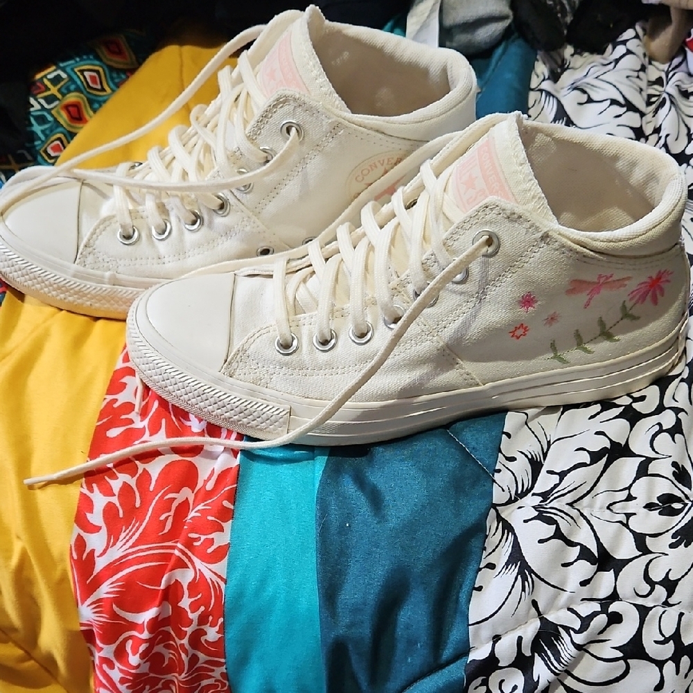 Converse Cream Floral High-Top Sneakers